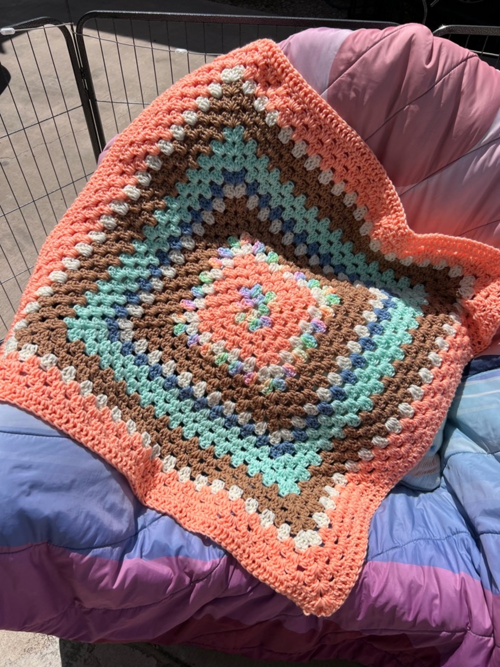 Handmade Crochet Granny Square Baby Blanket stroller size- Peach, Mint & Brown